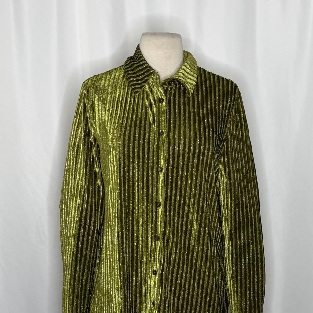 HOUSE OF HARLOW 1960 Green Velvet Stripe Buttondown Shirt Top Metallic Small