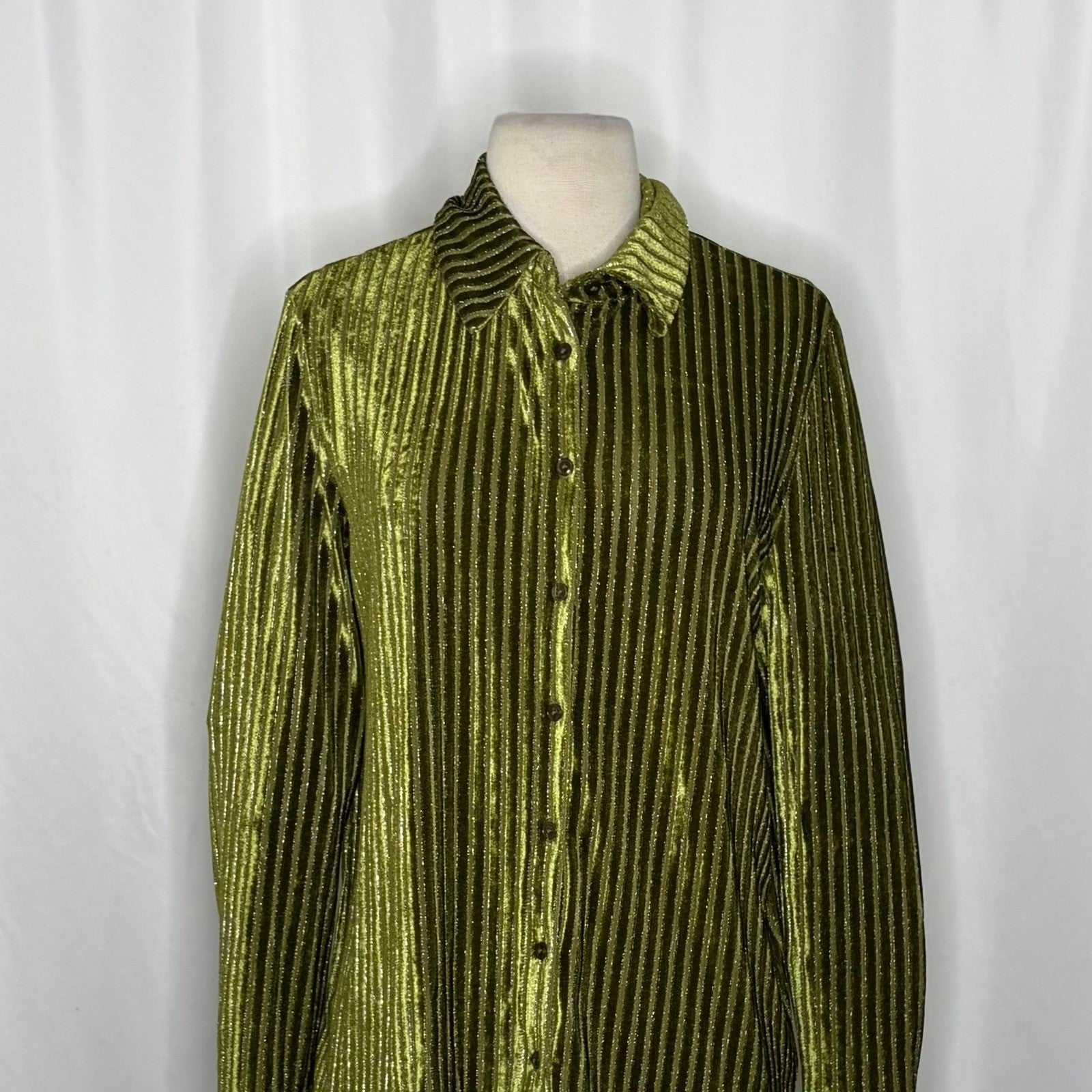 HOUSE OF HARLOW 1960 Green Velvet Stripe Buttondown Shirt Top Metallic Small