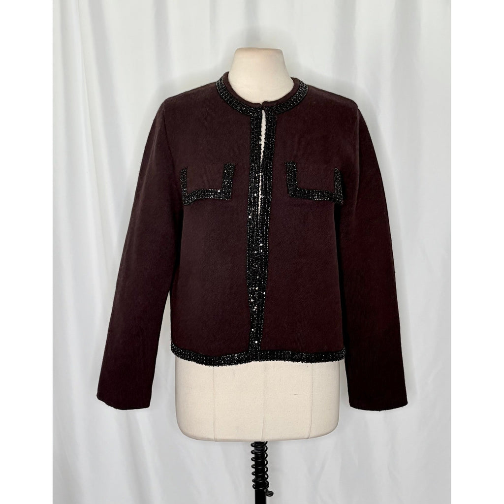 ZARA Wool Beaded Cardigan Sweater Knitwear Embellished Cropped Solid X-Large