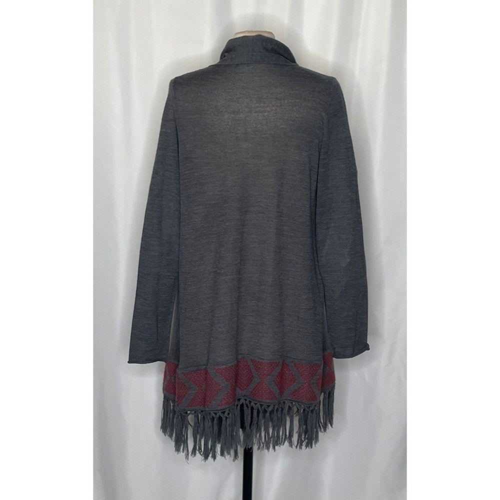 GARNET HILL Gray Wool Fringed Cardigan Sweater Ruana Embroidered Fringe Medium
