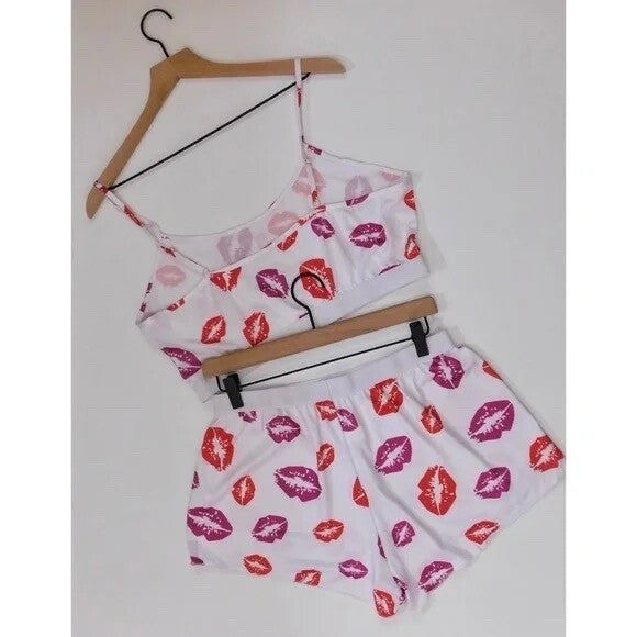 NEW!! HOT LIPS Lipstick Kiss Cropped Loungewear Two Piece Set Top Shorts X-Large