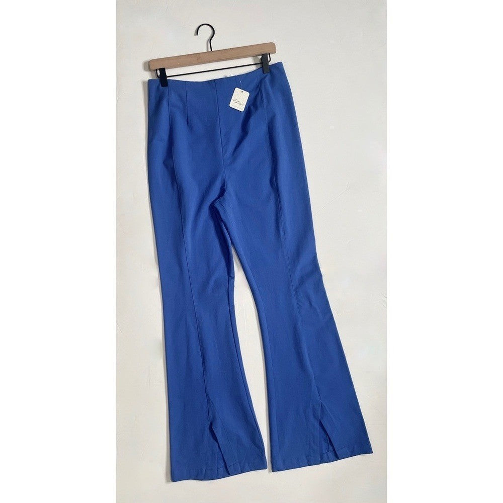NWT! FREE PEOPLE Real Deal Split Flare Pants Blue High Rise Waist Stretch Medium
