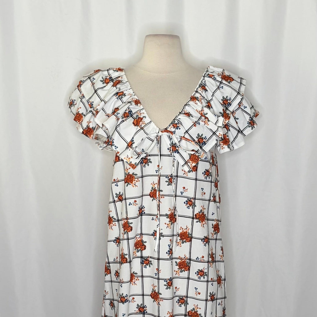 NWT!! ZARA Floral Plaid Lattice Ruffle Sleeve Dress Shift Blogger Favorite Large