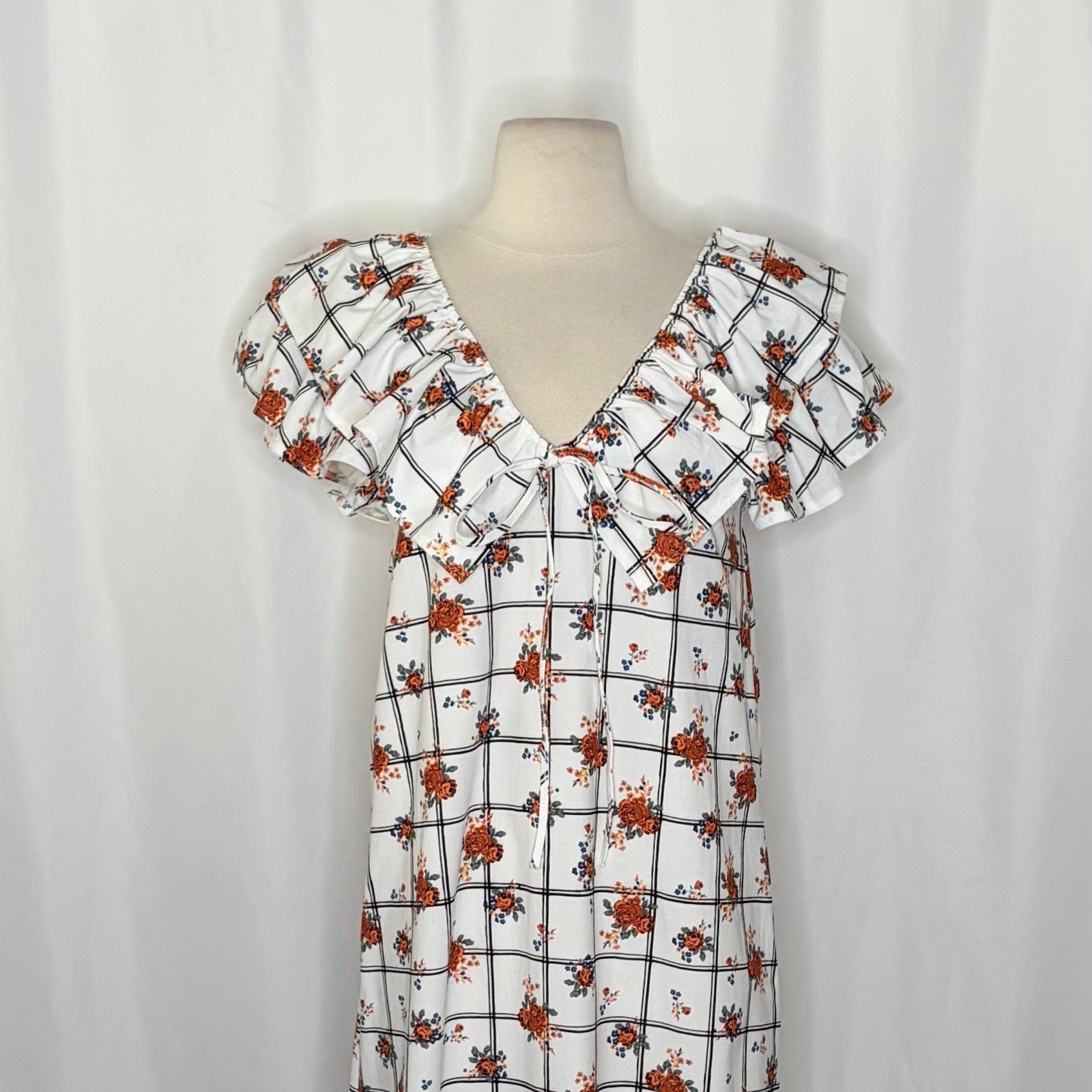 NWT!! ZARA Floral Plaid Lattice Ruffle Sleeve Dress Shift Blogger Favorite Large