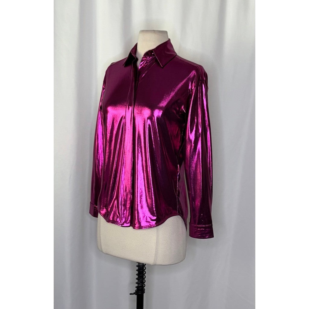 By ANTHROPOLOGIE Magenta Pink Shimmer Shine Lamé Buttondown Top Blouse X-Small