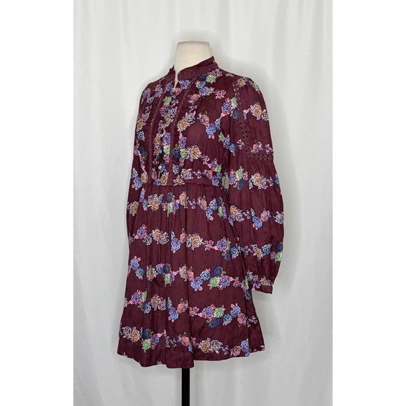 BY ANTHROPOLOGIE Mini Tunic Long Sleeve Dress Floral Lace Trims Purple X-Small