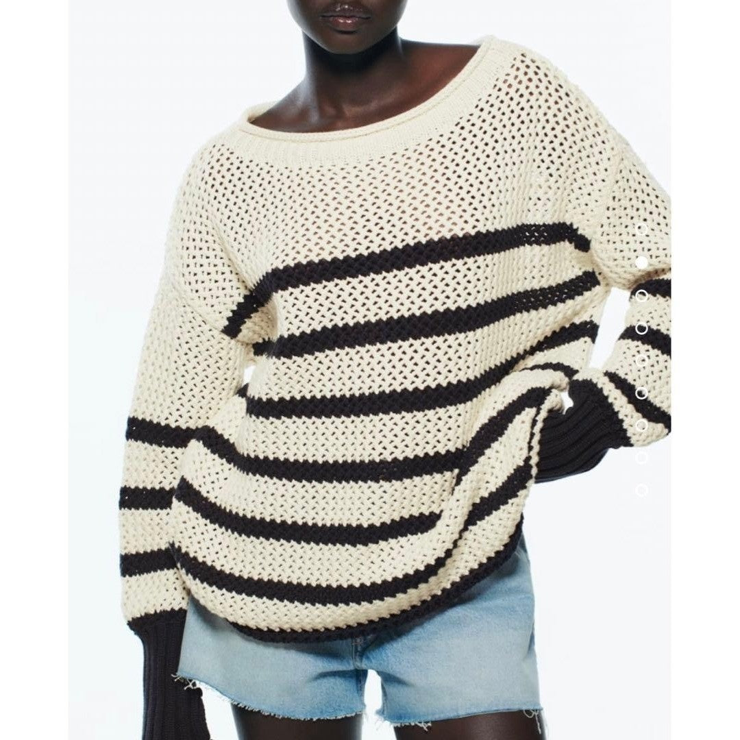 NWT!! ZARA Navy Ivory Striped Pullover Sweater Open Knit Nautical X-Small Small