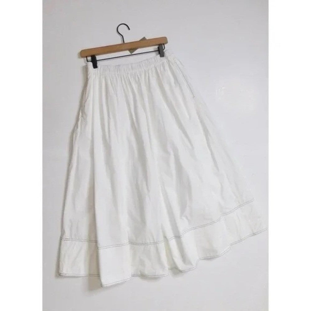 NWT!! J. CREW Contrast-Stitch Midi Skirt Cotton Poplin Solid White Navy Blue 14