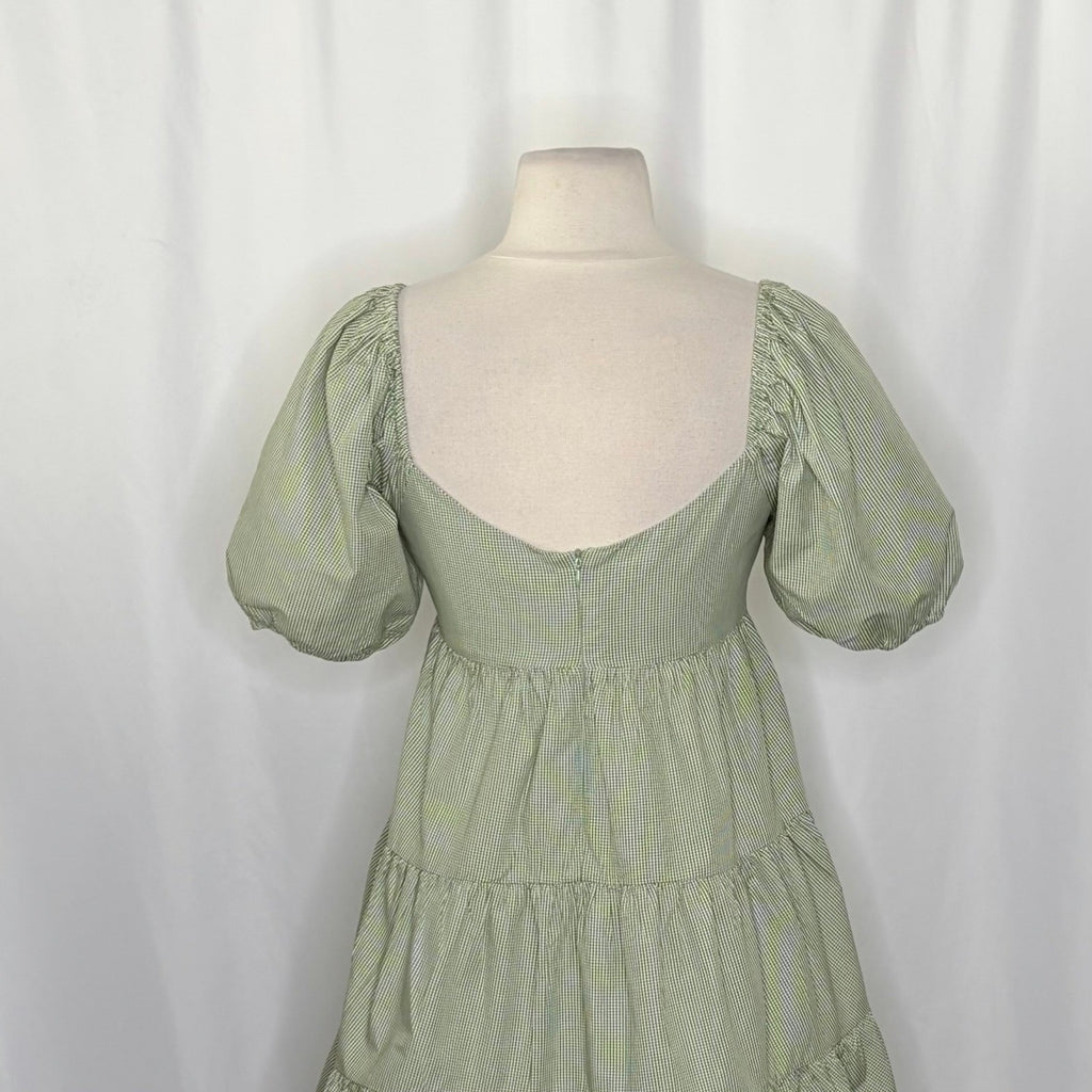 NIA Silvana Green White Gingham Babydoll Dress Tiered Mini Summer Puff Medium