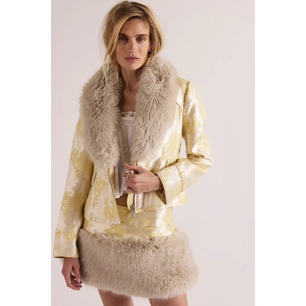 NWT!! FREE PEOPLE French Exit Laluna Jacket Jacquard Faux Fur Collar Large