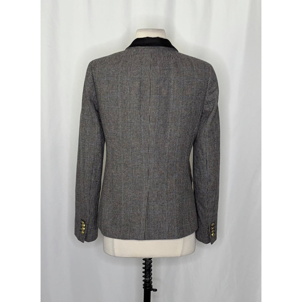 J. CREW Wool Regent Blazer Plaid Satin Lapels Houndstooth Black Gray Size 6