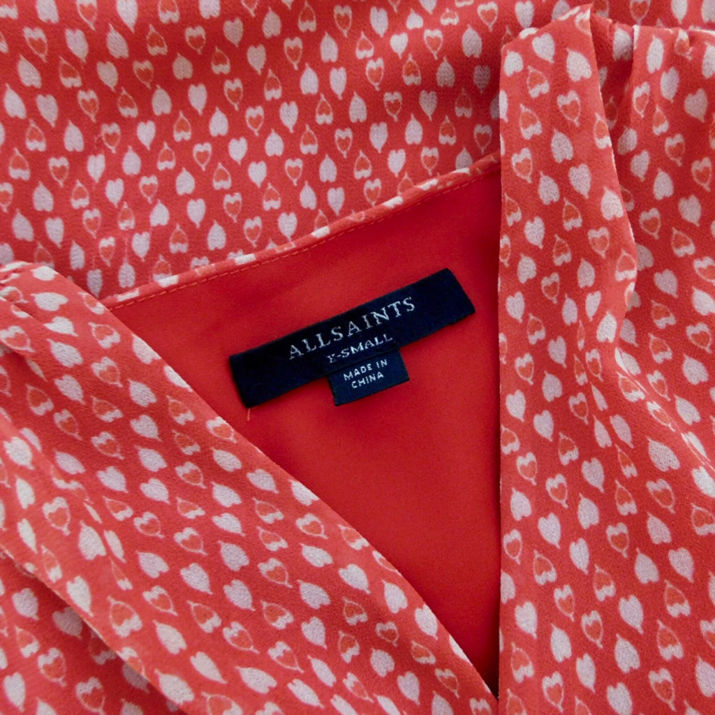 ALLSAINTS Flores Heart Print Wrap Dress Ruched Ruffle Red All Saints X-Small