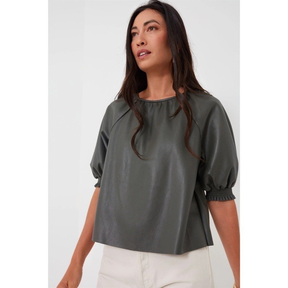 SAYLOR Juana Top Faux Leather Sage Gray Puff Sleeves Solid Streetwear Large