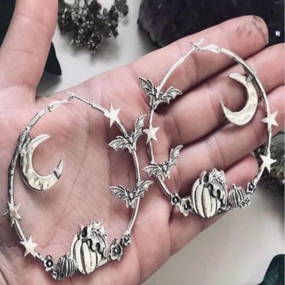 Silver Hoop Earrings Moon Stars Bats Pumpkins Goth Halloween Witch Whimsygoth