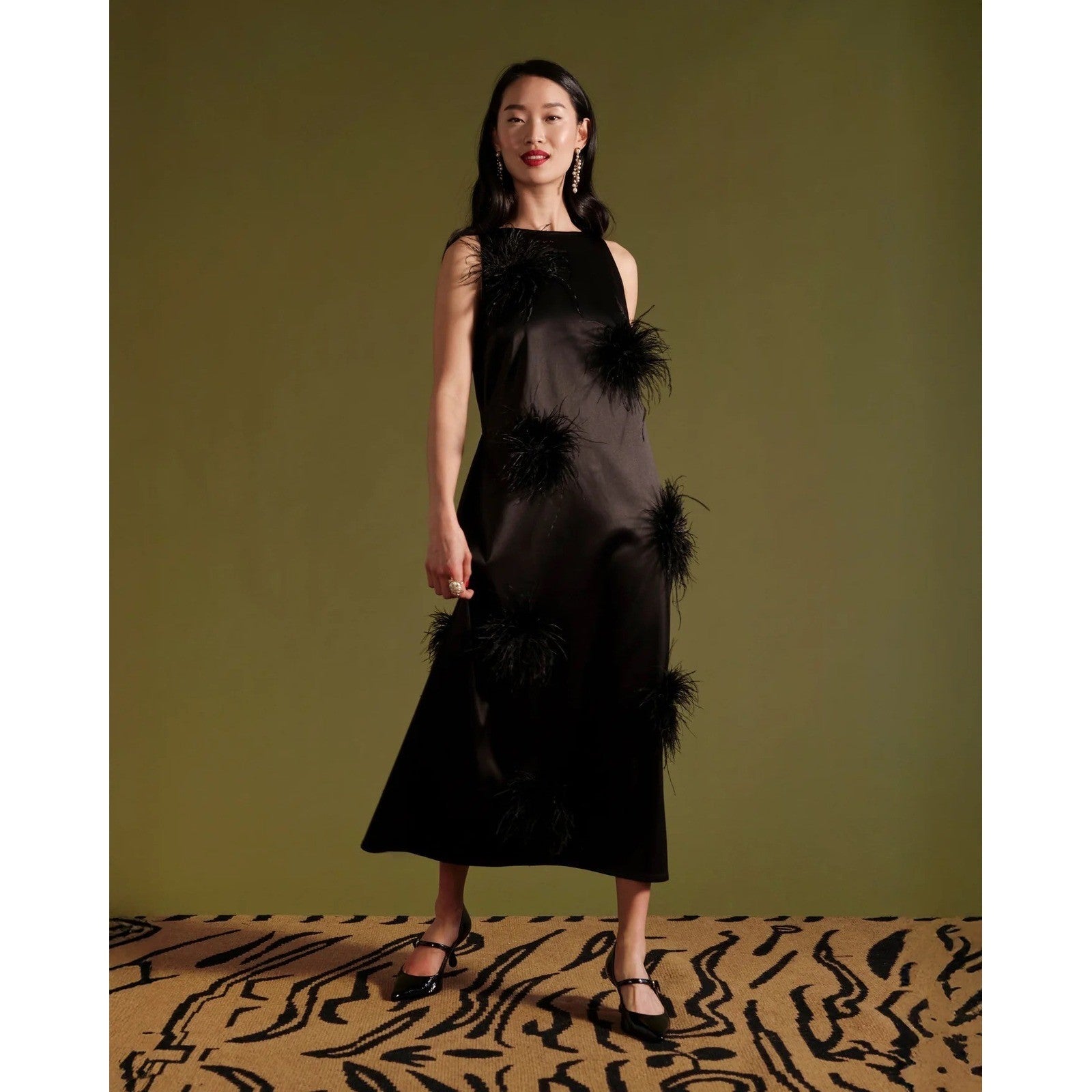 NWT!! FRANCES VALENTINE Feather Maxi Dress Solid Black Party Cocktails Small