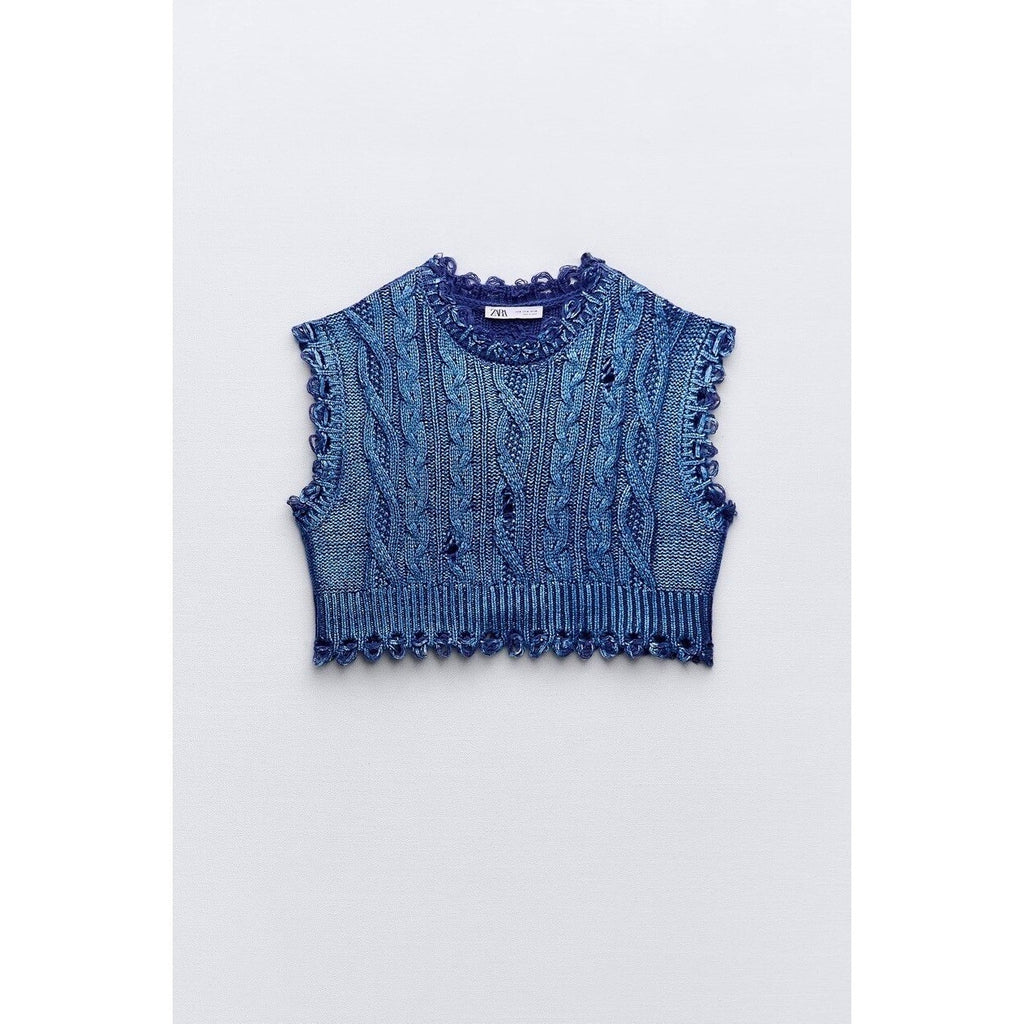 ZARA Metallic Blue Cropped Sweater Cableknit Distressed Cable Knit Crop Small