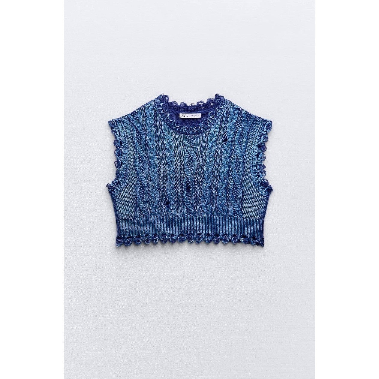 ZARA Metallic Blue Cropped Sweater Cableknit Distressed Cable Knit Crop Small