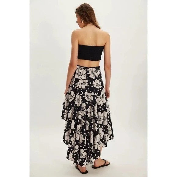 NWT!! FREE PEOPLE Poppy Printed Maxi Skirt Polka Dot Floral Black White Medium