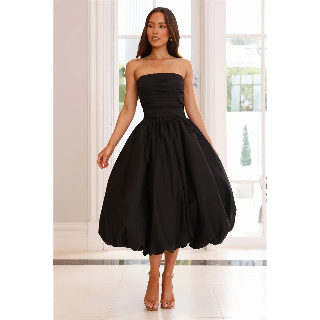NWT!! HELLO MOLLY Upon A Cloud Strapless Bubble Midi Dress Solid Black X-Small