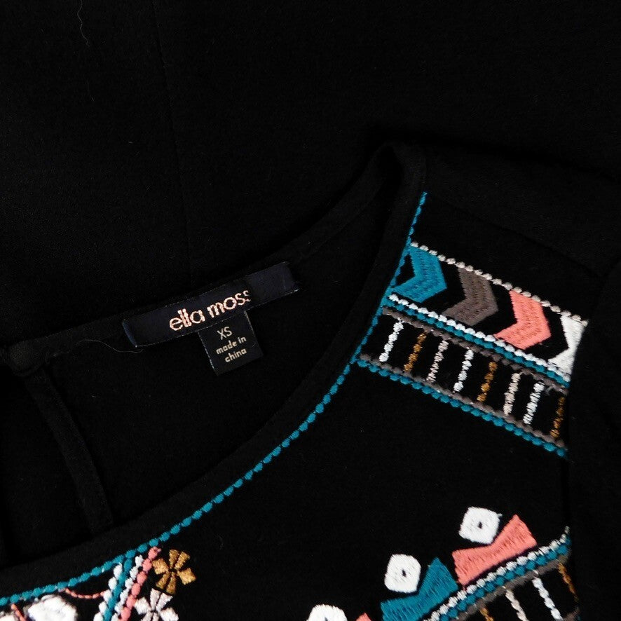 ELLA MOSS Embroidered Joss Shift Dress Retro Black Metallic Boho X-Small