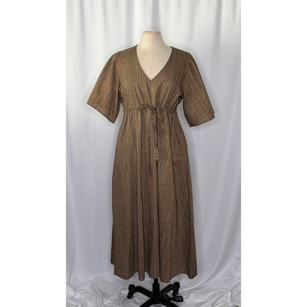 KEMI TELFORD Striped Midi Dress Cotton Tie Waist Western Retro Stripes Medium