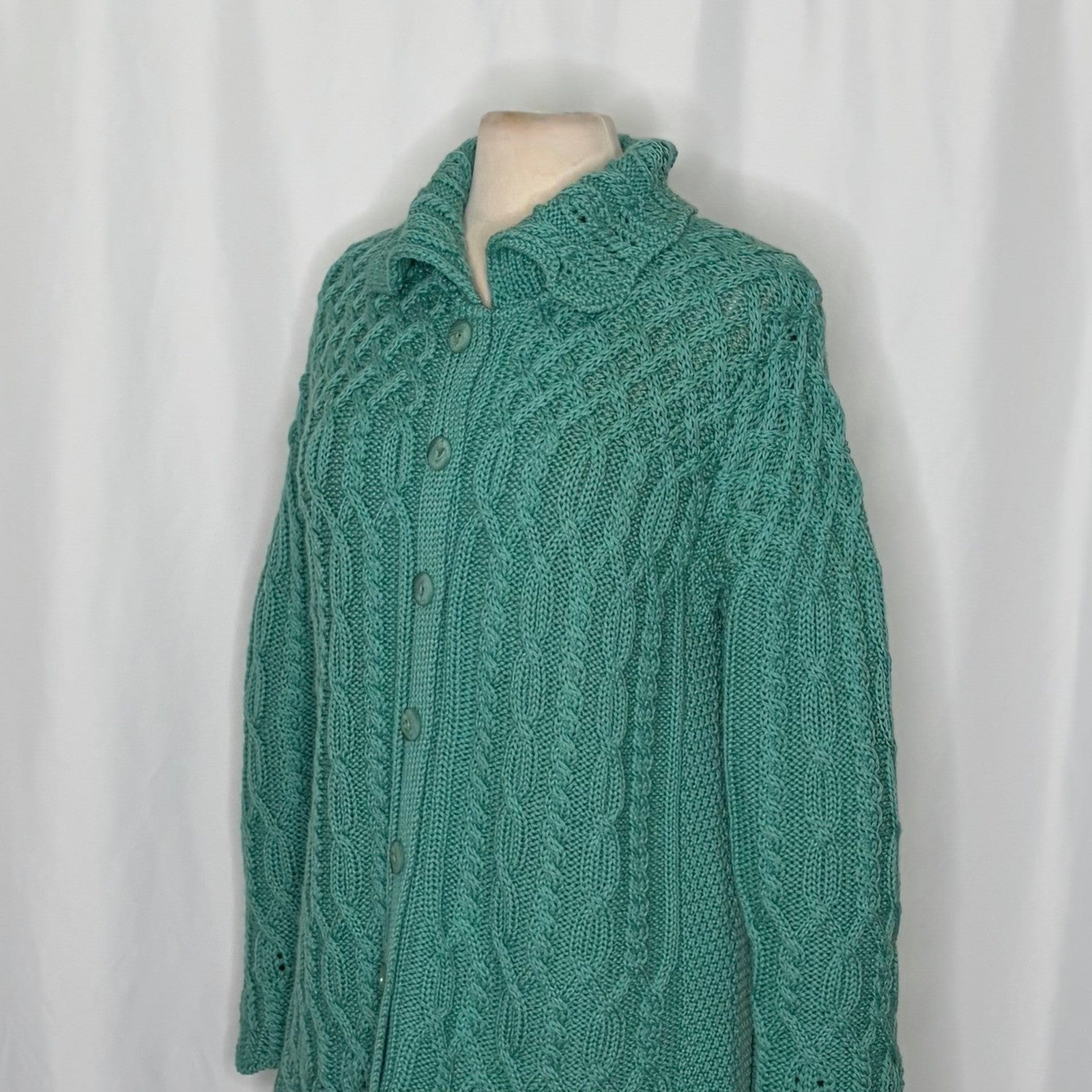 ARANCRAFTS Aran Crafts Merino Wool Green Cardigan Sweater Ireland Medium