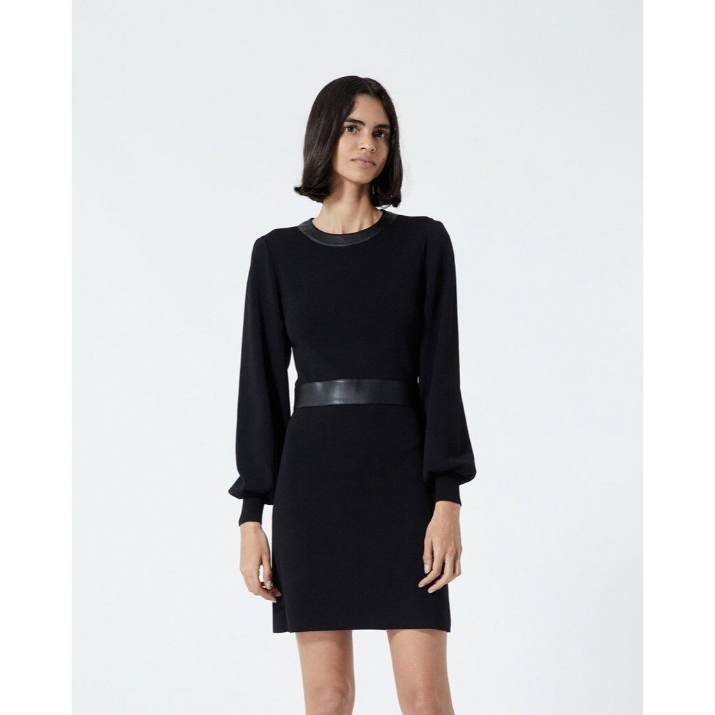 THE KOOPLES Black Knit Faux Leather Trimmed Dress Puff Sleeves Size 3 / Large