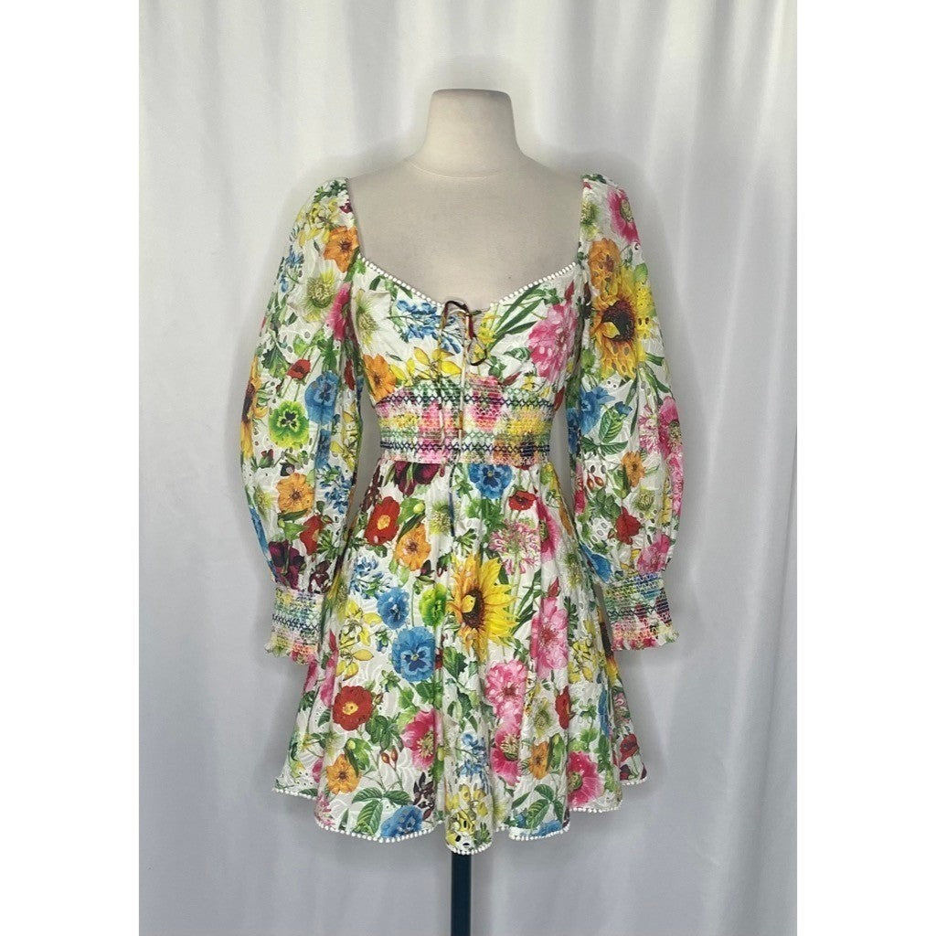 ALICE + OLIVIA Crawford Sweetheart Mini Dress Floral Puff Sleeves Lace Up Size 0