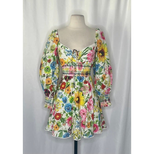 ALICE + OLIVIA Crawford Sweetheart Mini Dress Floral Puff Sleeves Lace Up Size 0