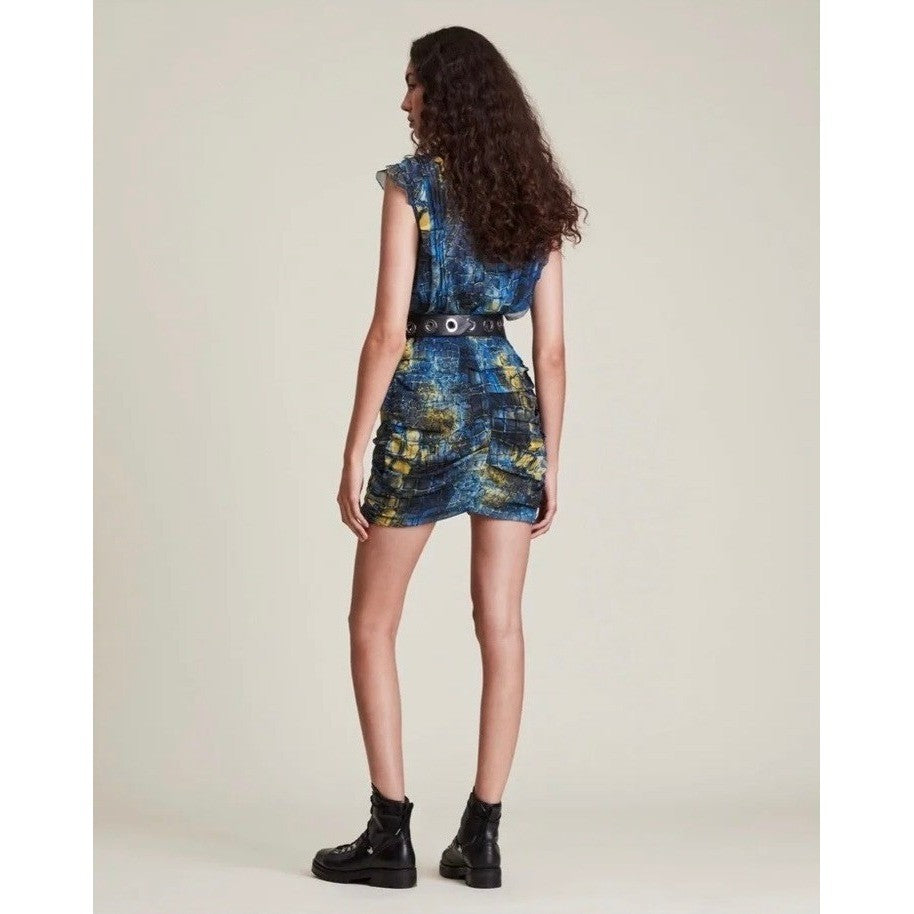 ALL SAINTS Hali Mirus Mini Dress Snakeskin Yellow Blue Ruffled Allsaints Size 4