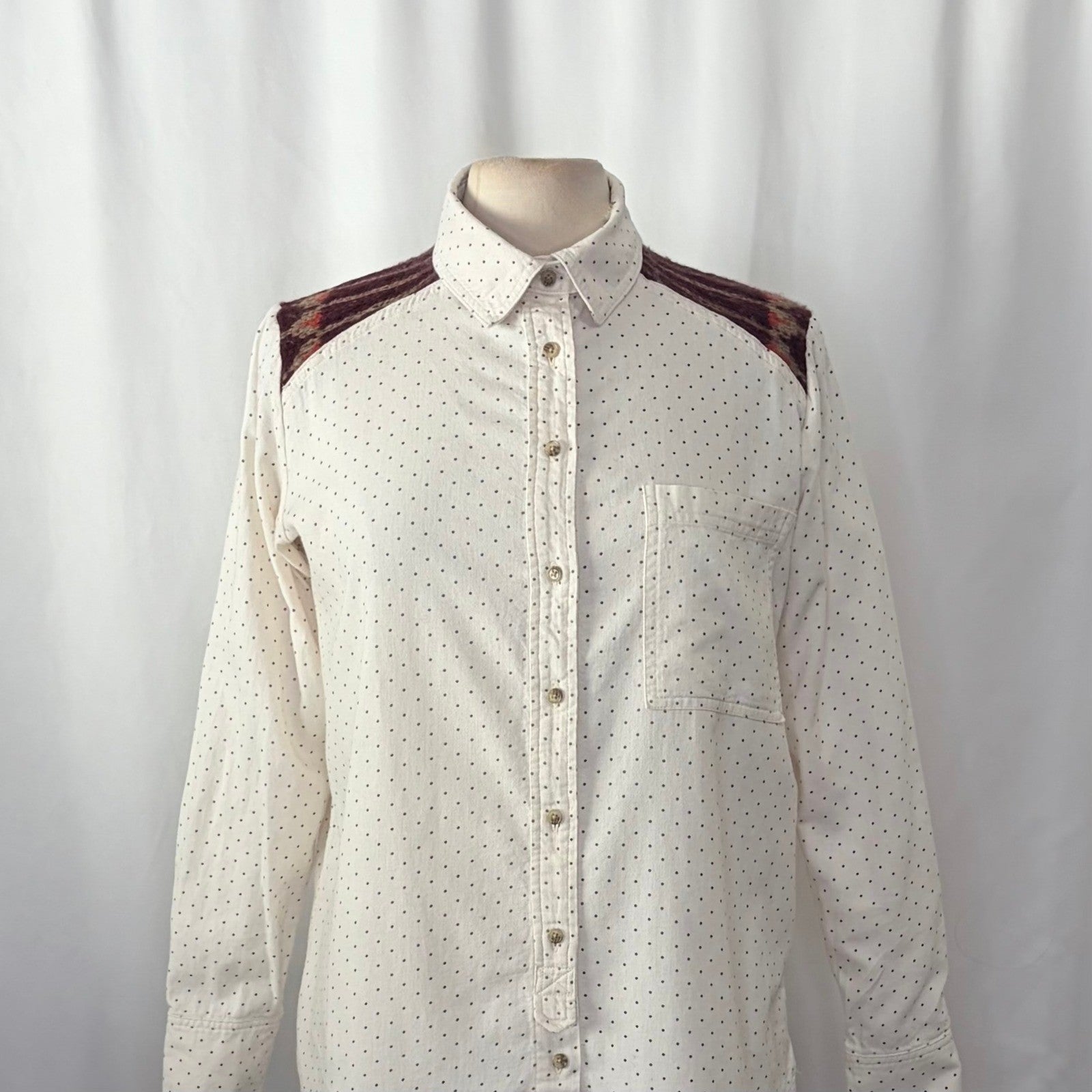 FREE PEOPLE Mixed Media Sage Buttondown Shirt Wool Western Polka Dot Medium