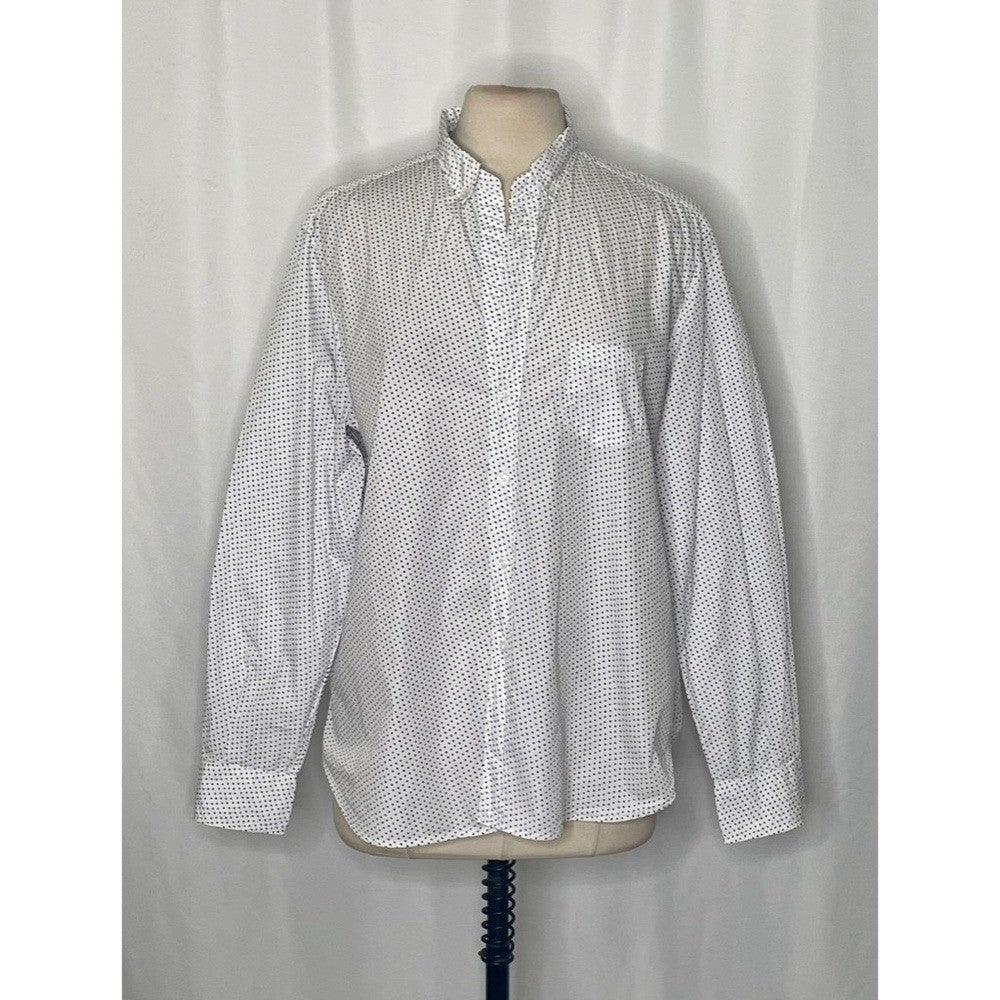 FRANK & EILEEN White Blue Heart Print Buttondown Shirt Top Academia Preppy Large