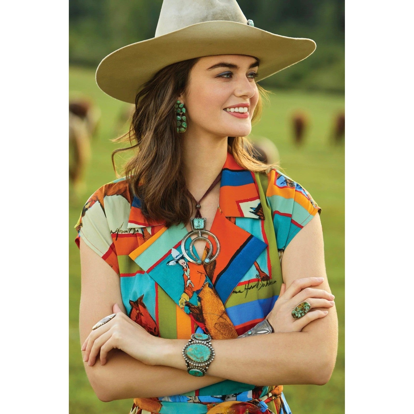 NWT!! DOUBLE D RANCH Women Of The Range Dress Western Horses Midi Bright X-Small