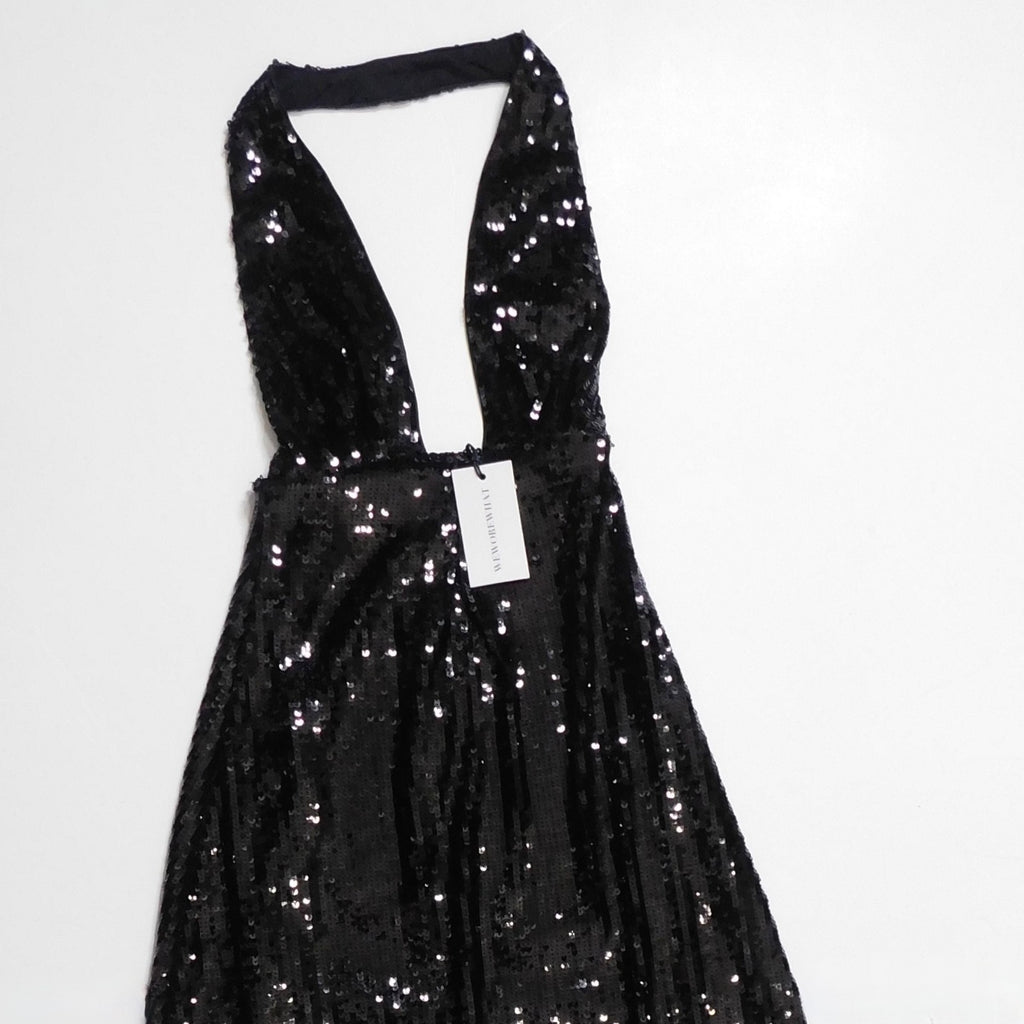 NWT!! WEWOREWHAT Black Sequin Halter Dress Full Length Maxi Glam Party Size 2
