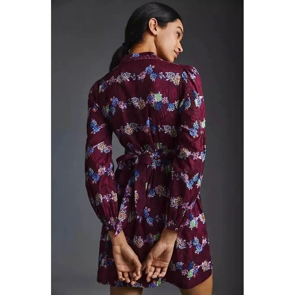 BY ANTHROPOLOGIE Mini Tunic Long Sleeve Dress Floral Lace Trims Purple X-Small