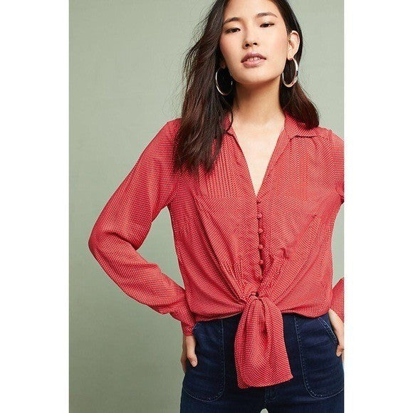 Anthropologie MAEVE Matilda Buttondown Tie Waist Red Polka Dot Swiss Dot Large