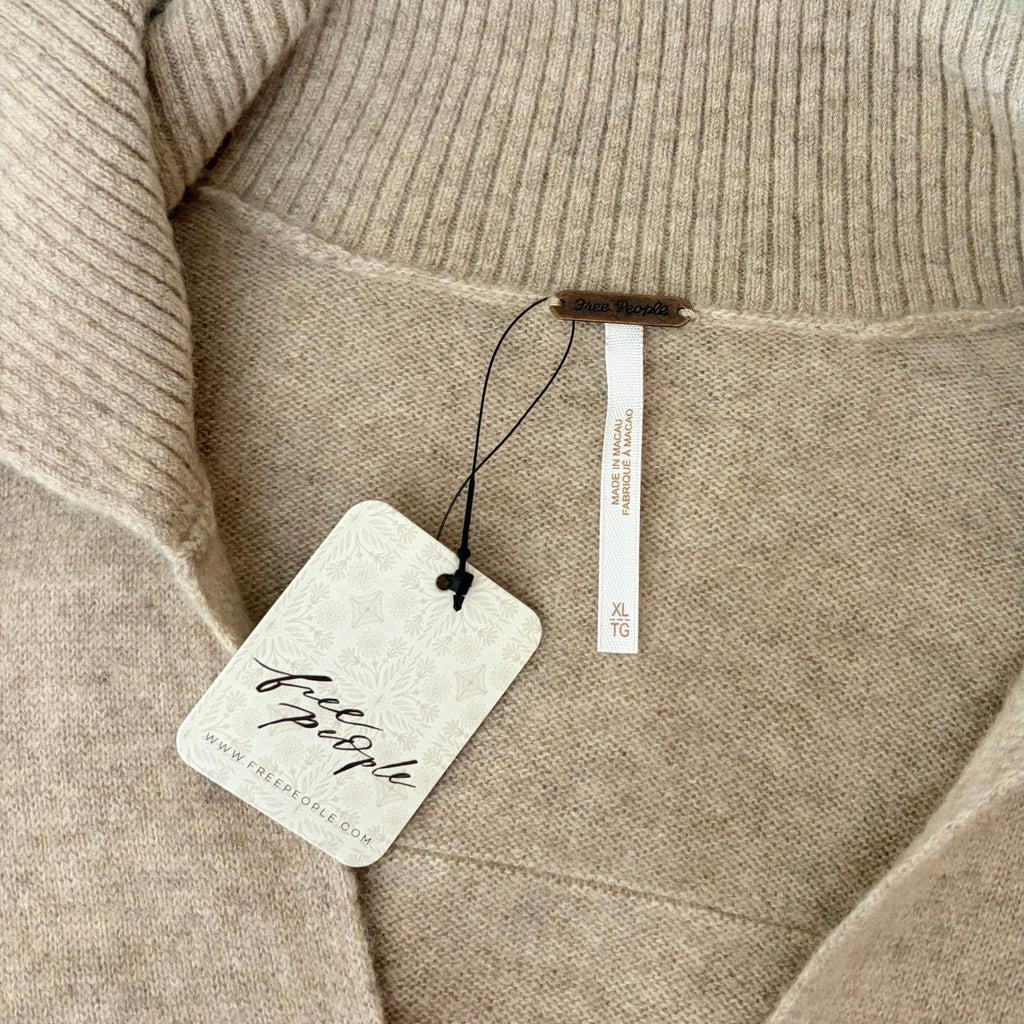 NWT!! FREE PEOPLE Eloura Cashmere Henley Sweater Solid Light Brown Tan X-Large