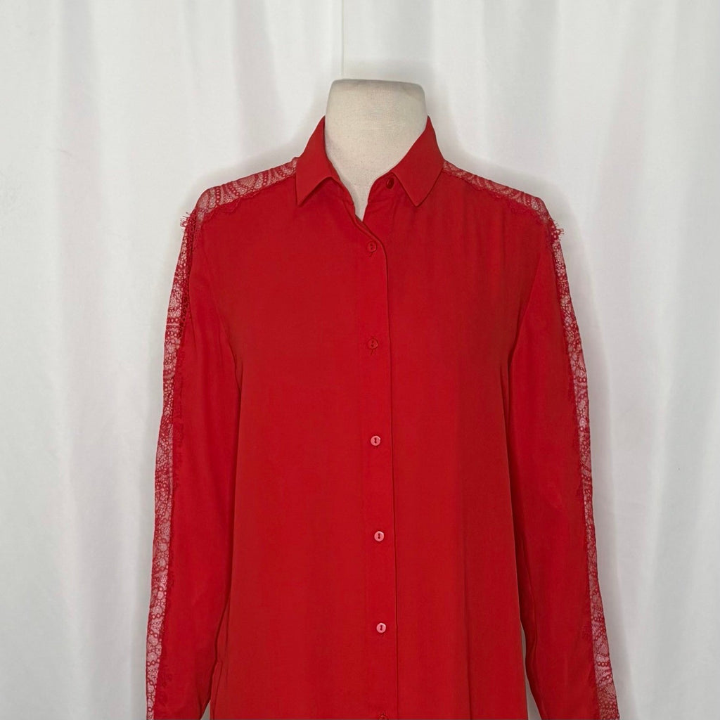 NWT!! THE KOOPLES Red Crepe Lace Shirt Blouse Buttondown Valentine Solid X-Small