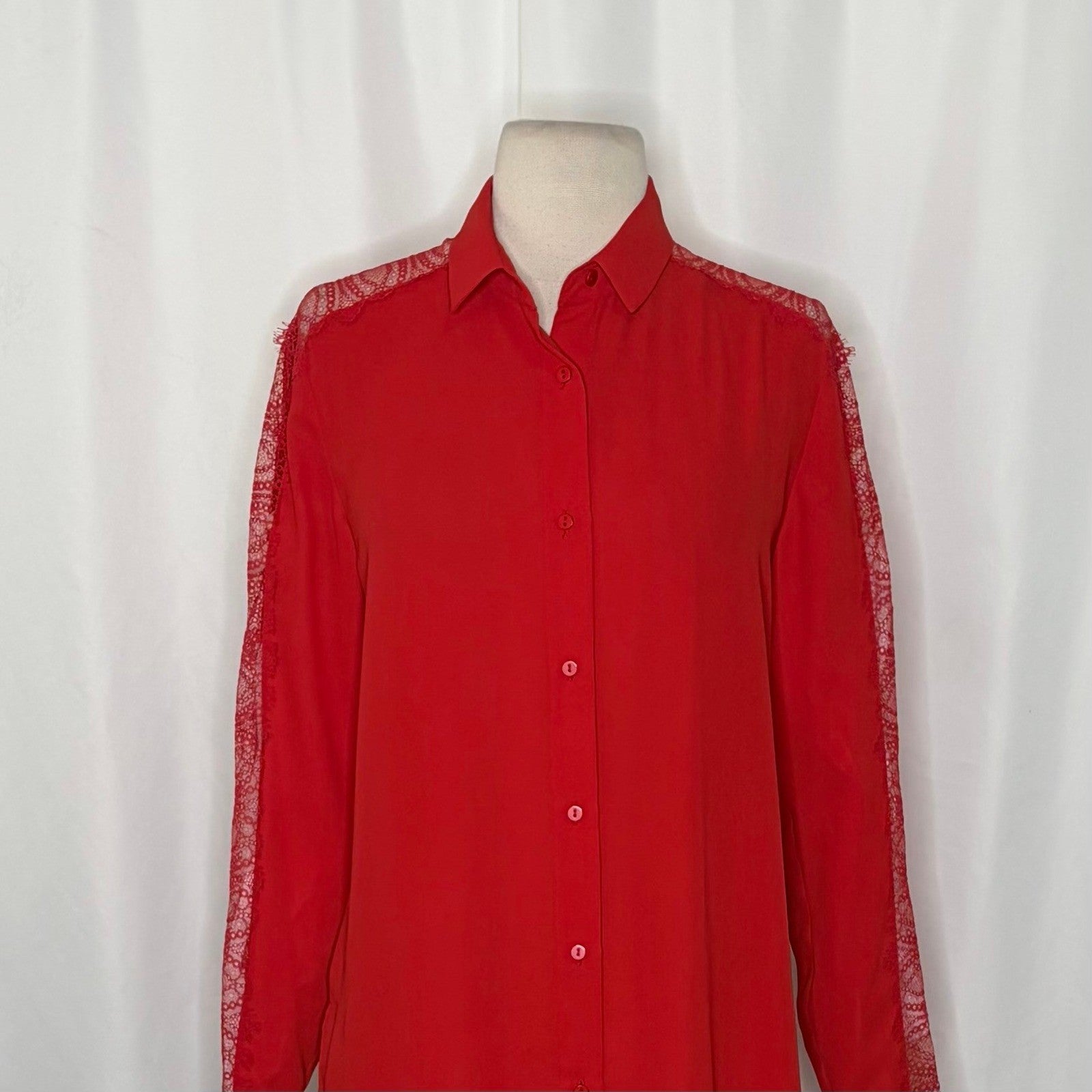 NWT!! THE KOOPLES Red Crepe Lace Shirt Blouse Buttondown Valentine Solid X-Small