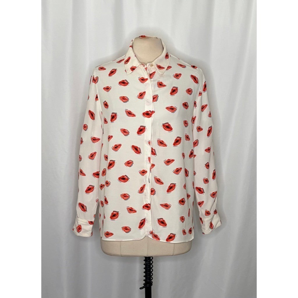 ZARA ZW Collection White Pink Lips Print Buttondown Top Blouse Lipstick X-Large
