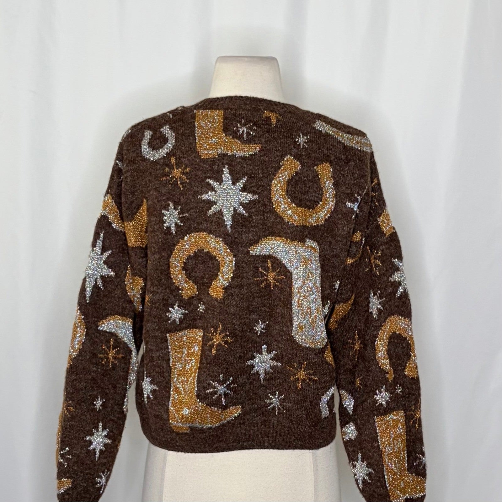 ZARA Western Cosmic Cowboy Boots Stars Jacquard Sweater Metallic Crewneck Small