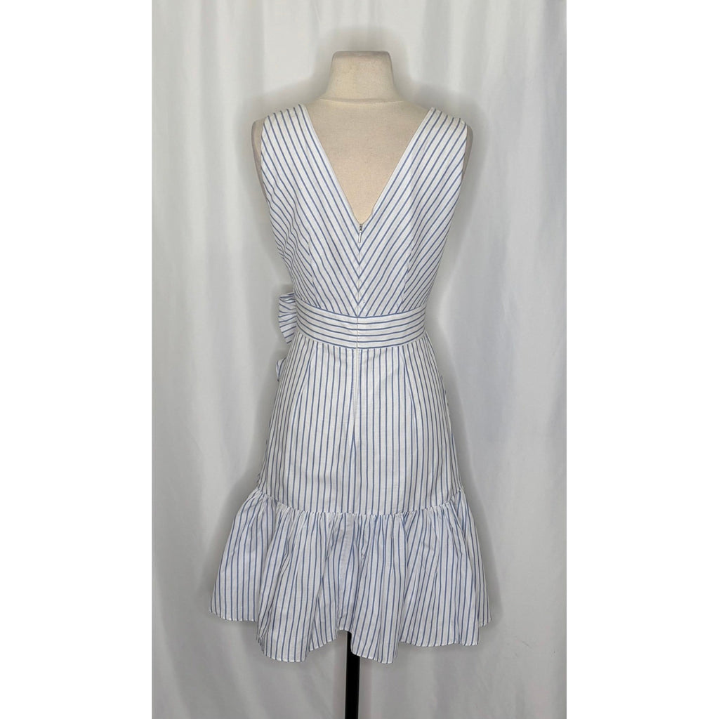 REBECCA TAYLOR Sleeveless Stripe Linen Wrap Dress Ruffle White Milk Blue Sky 4
