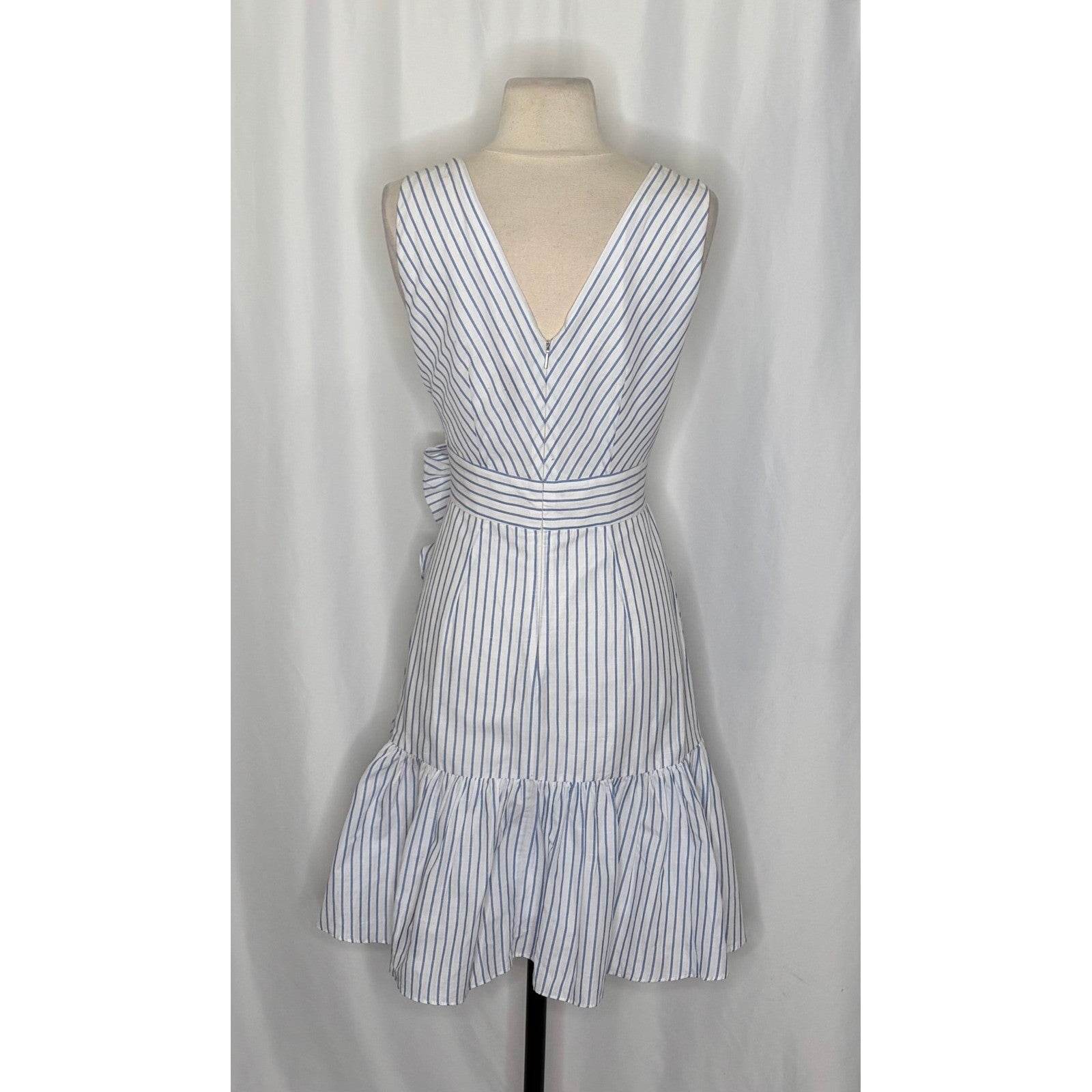 REBECCA TAYLOR Sleeveless Stripe Linen Wrap Dress Ruffle White Milk Blue Sky 4