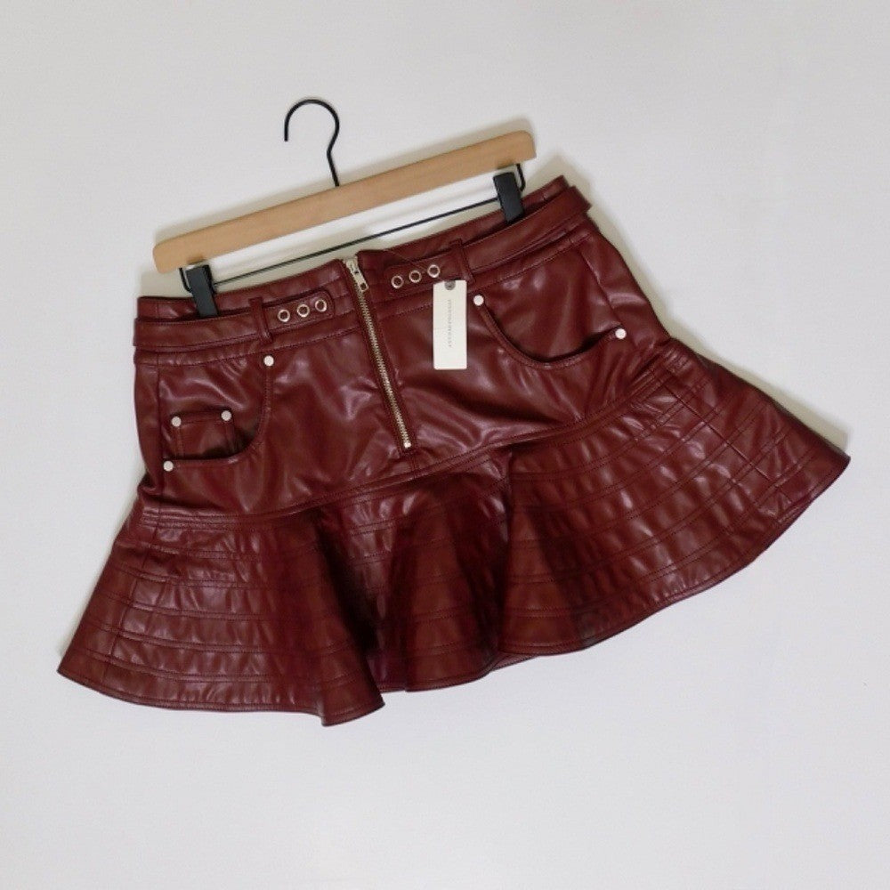 NWT!! Anthropologie PILCRO Fit-and-Flare Faux Leather Mini Skirt Wine Moto 12