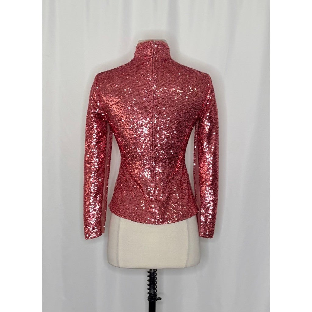 CINQ A SEPT Joan Sequin Top Blouse Rosewood Pink Mock Neck Sequinned X-Small