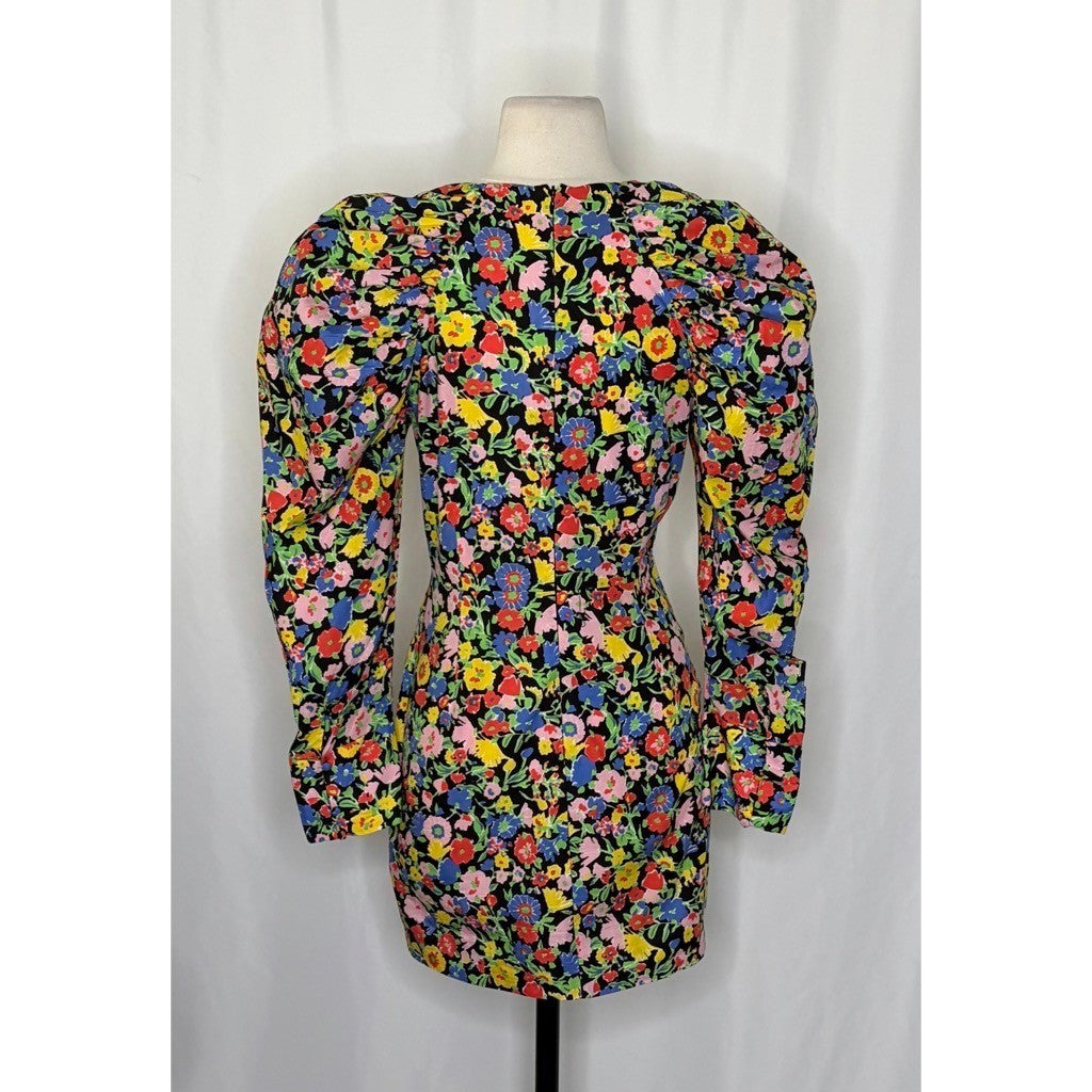 ZARA Bright Floral Mini Dress Statement Puffed Sleeves Spring Summer Black Small