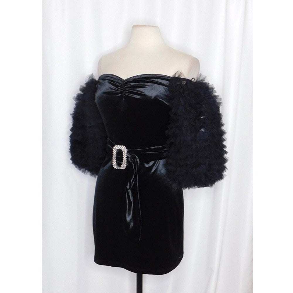 NWT!! ZARA Black Velvet Dress Ruffled Tulle Sleeves Rhinestone Party Cocktail
