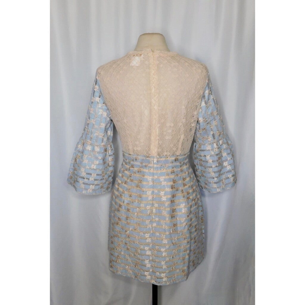FOXIEDOX Cordelia Bell Sleeve Lace Dress Blue Floral Lace Coquette X-Large