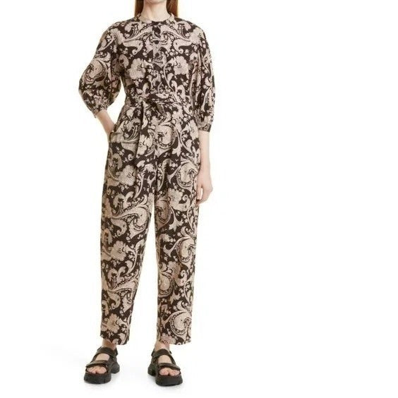 REBECCA TAYLOR Paisley Jumpsuit Scroll Paisley Espresso Belted Brown Medium