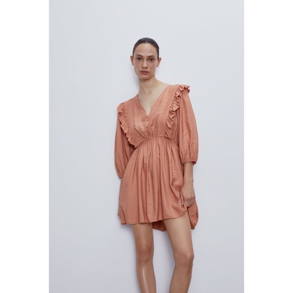 NWT!! ZARA Marsala Guipure Lace Ruffled Mini Dress Blogger Favorite Medium